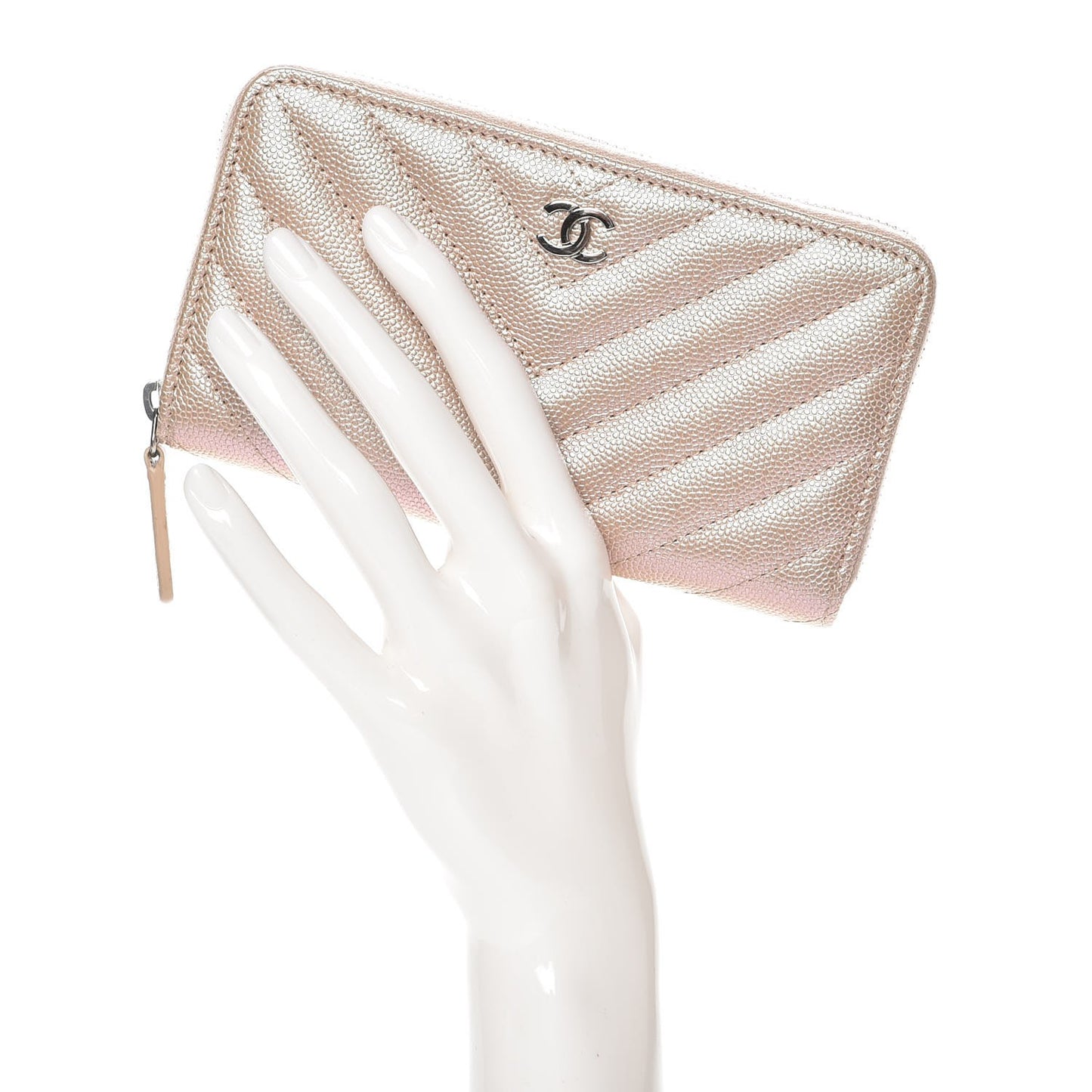Metallic Caviar Chevron Quilted Small Zip Around Wallet Light Gold