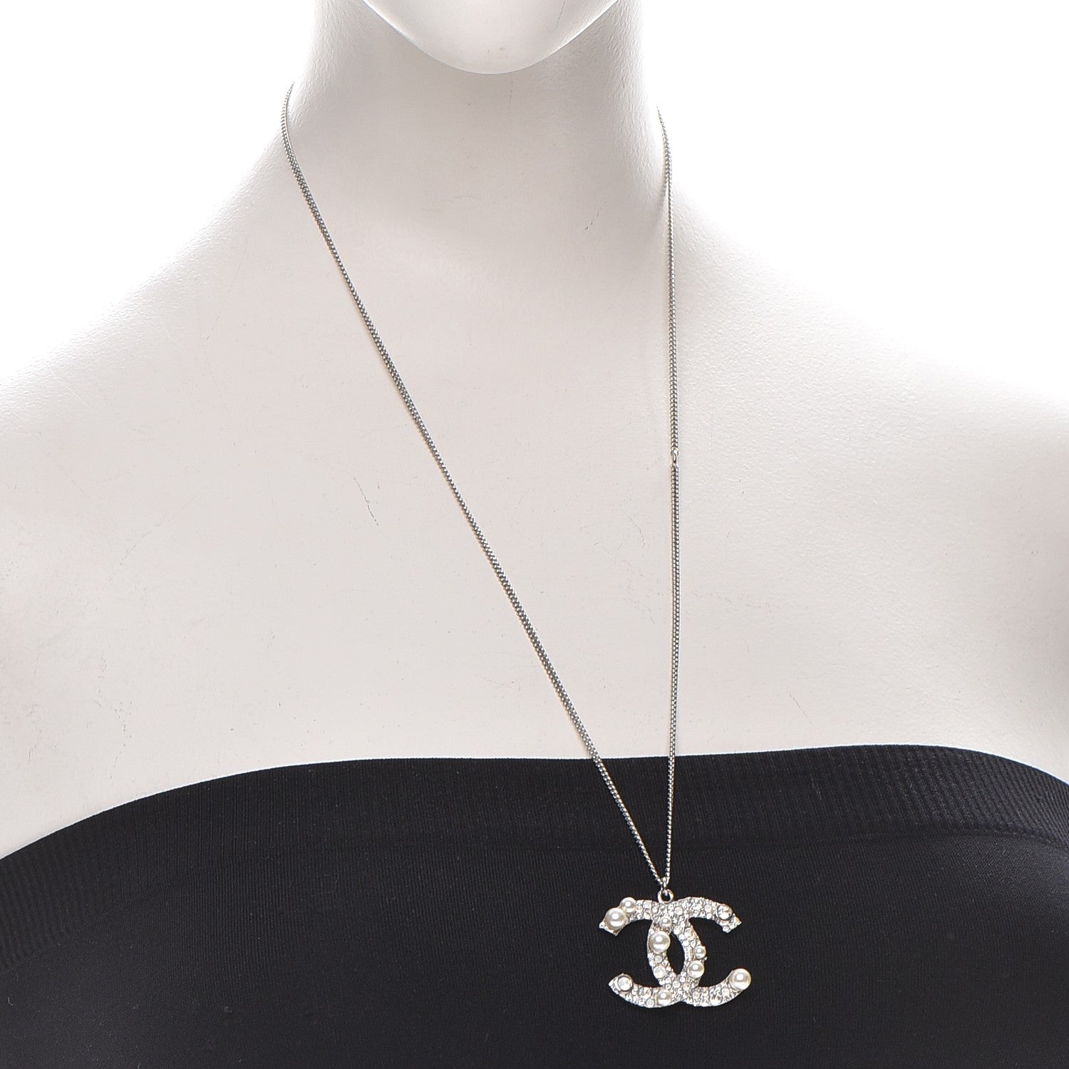 Chanel Crystal Pearl CC Pendant Necklace Silver 2 of 5