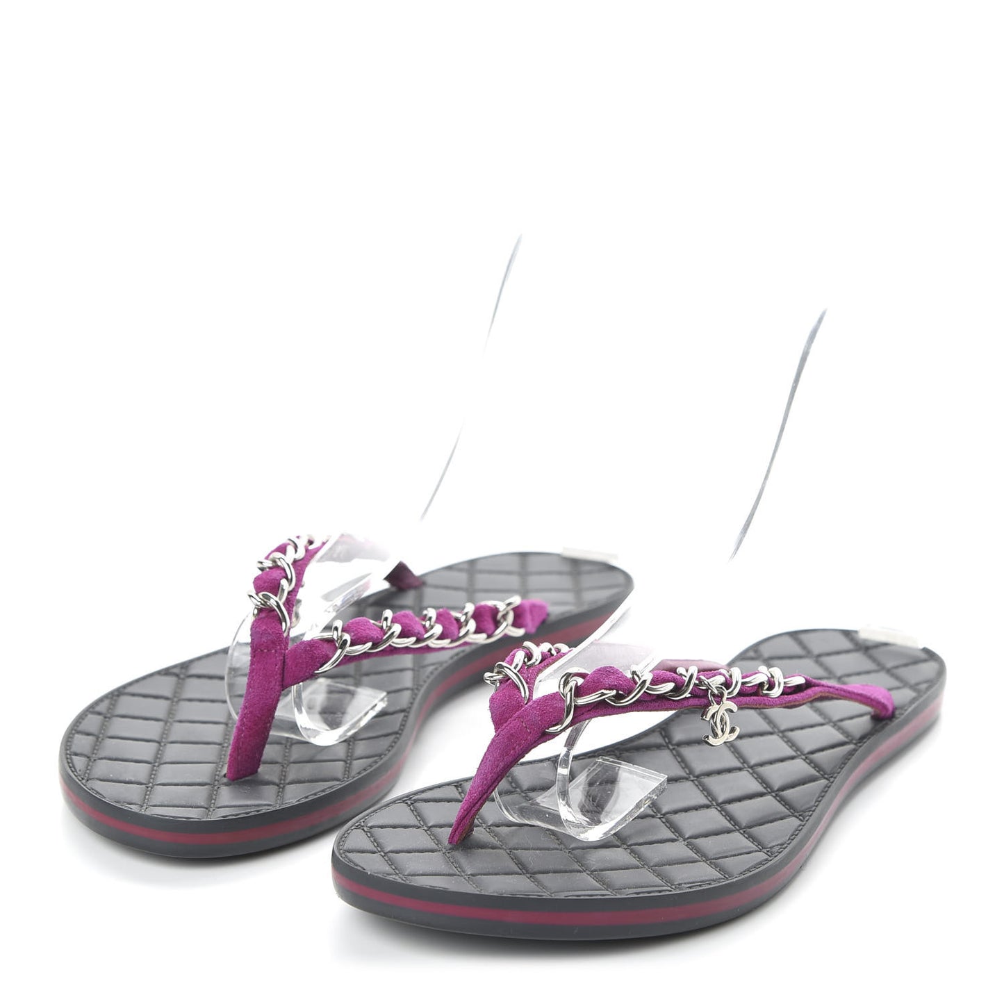 Suede Calfskin Quilted Chain Thong Sandals 36 Pink