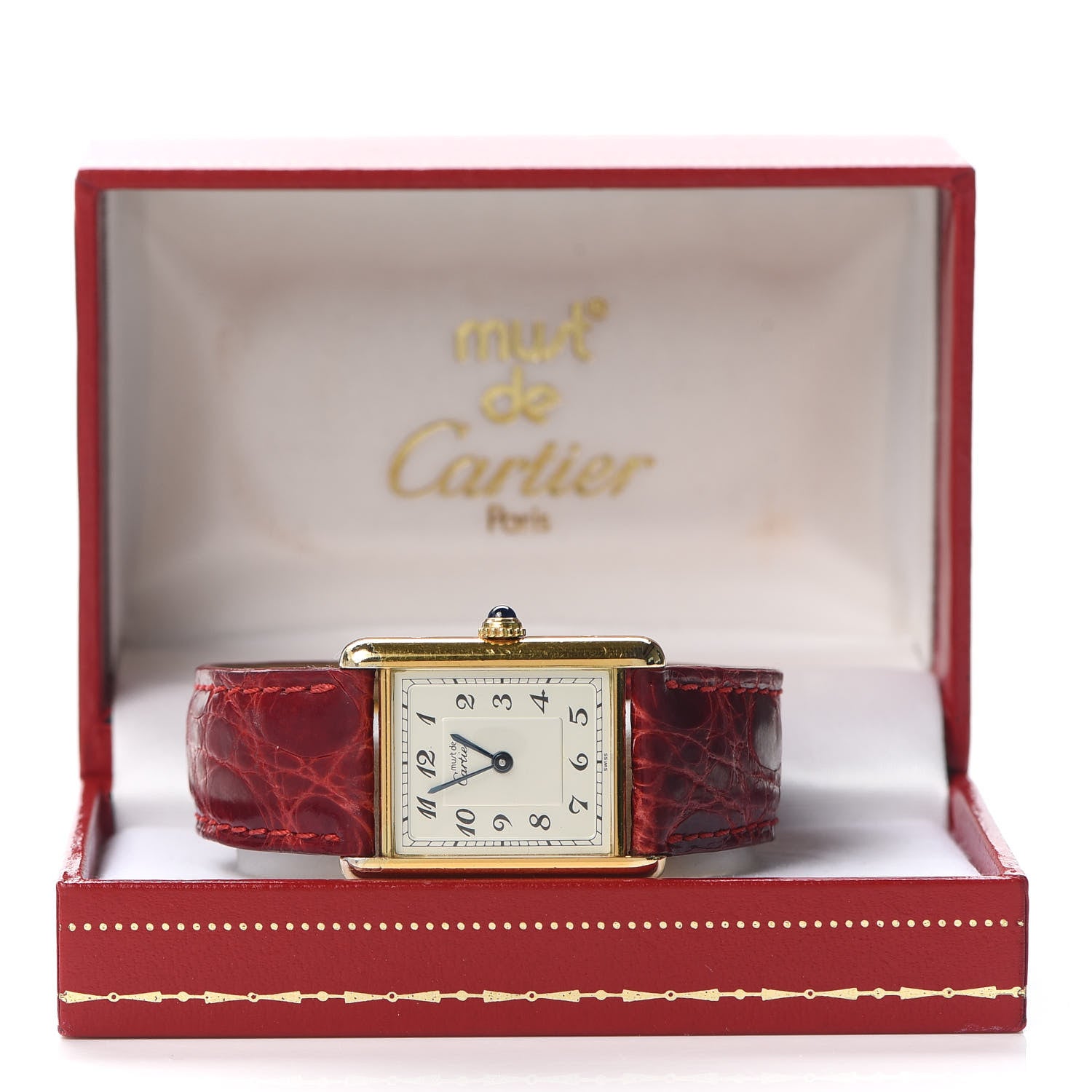 Cartier Sterling Silver Vermeil Alligator 23mm Must de Cartier Tank Quartz Watch Red 6 of 6