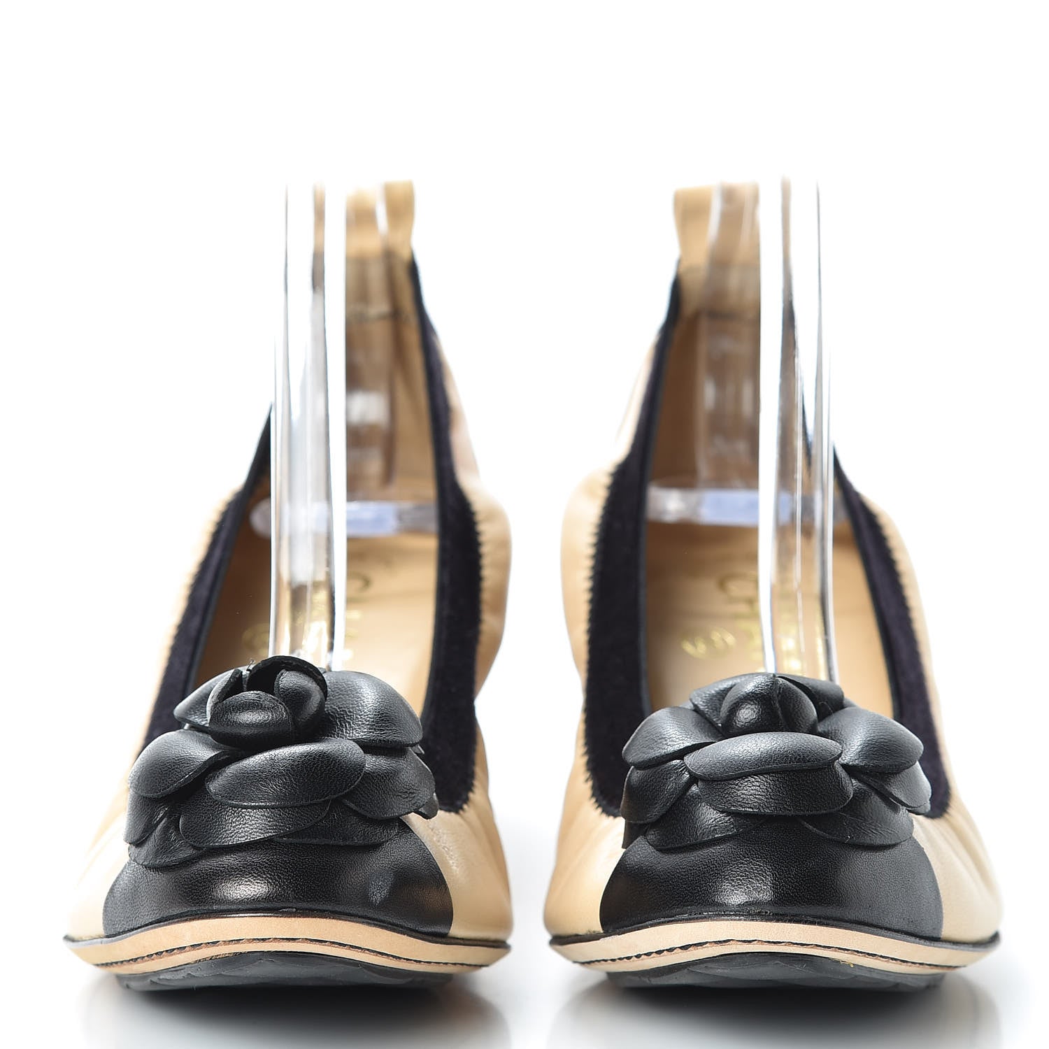 Chanel Lambskin Camellia CC Elastic Stretch Pumps 36 Beige Black 2 of 10