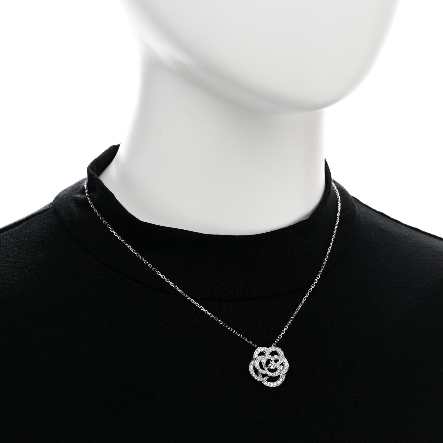 18K White Gold Diamond Small Fil De Camelia Pendant Necklace