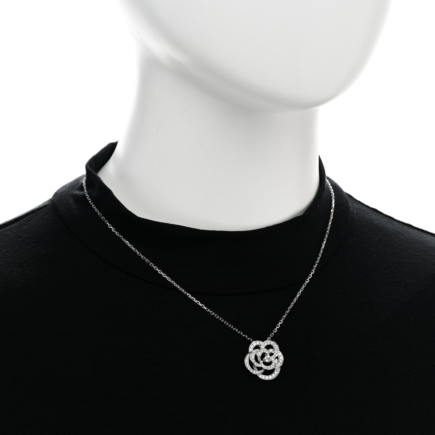 Chanel 18K White Gold Diamond Small Fil De Camelia Pendant Necklace 2 of 8