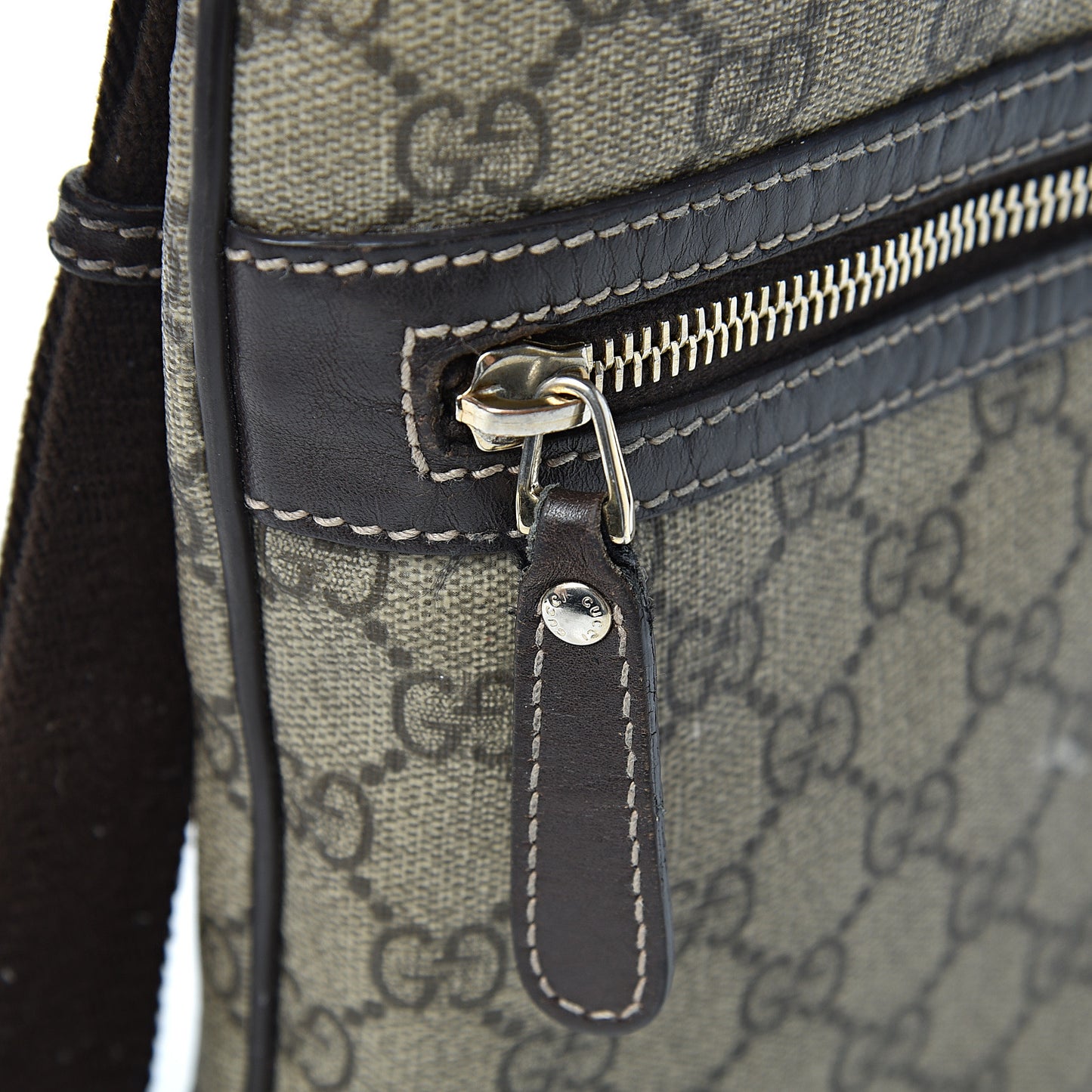 GG Supreme Monogram Selleria Calfskin Small Flat Side Zip Messenger Bag Beige Ebony Cocoa Dark Chocolate