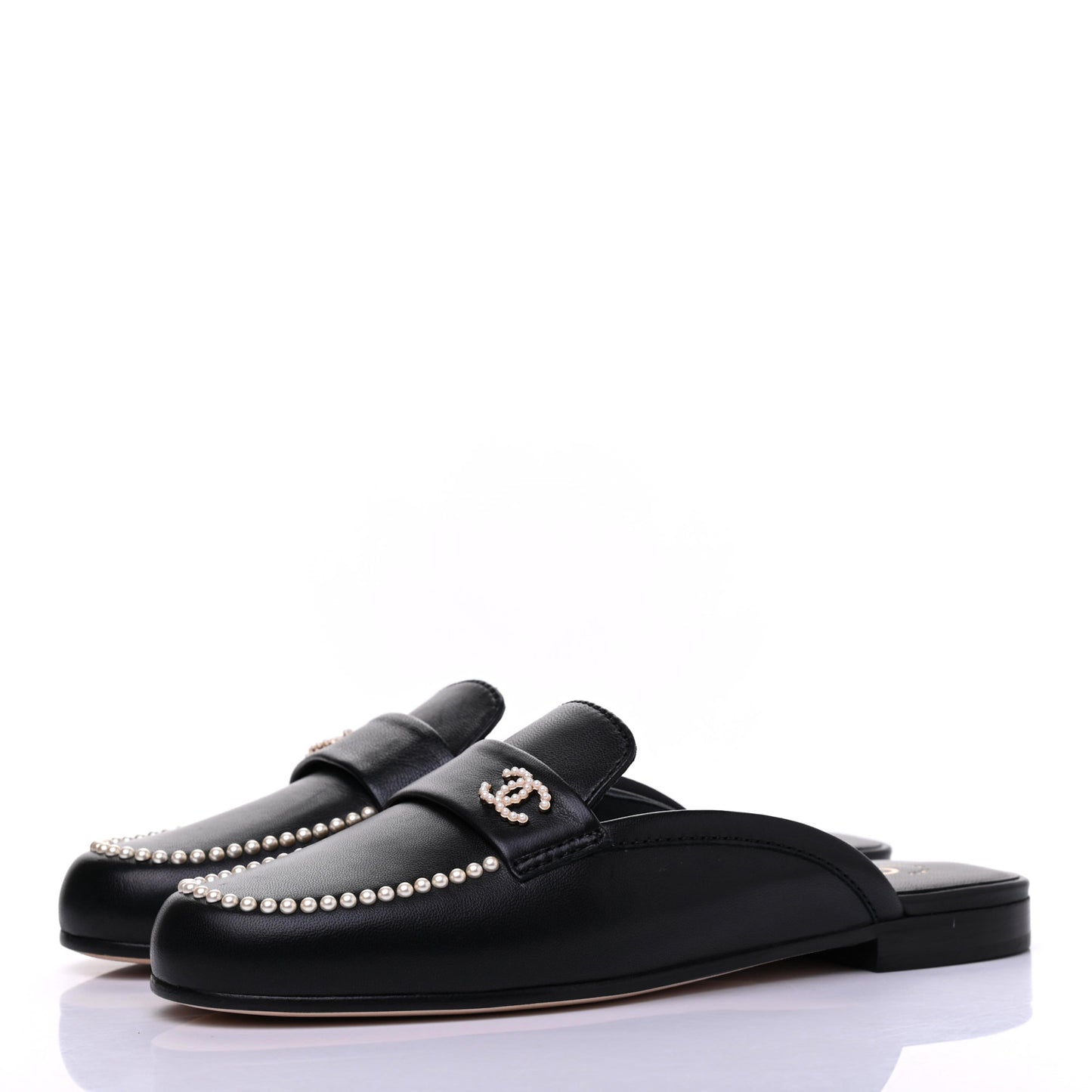 Calfskin Pearl CC Mules 37 Black