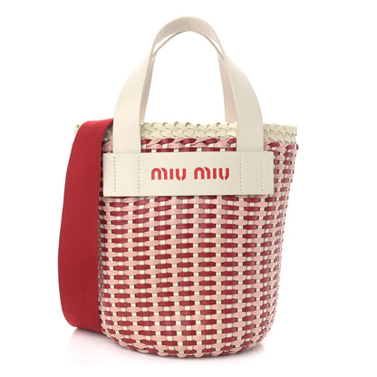 Miu Miu Polyurethane Calfskin Woven Tri-Color Bucket Bag Red Cream Pink 1 of 10