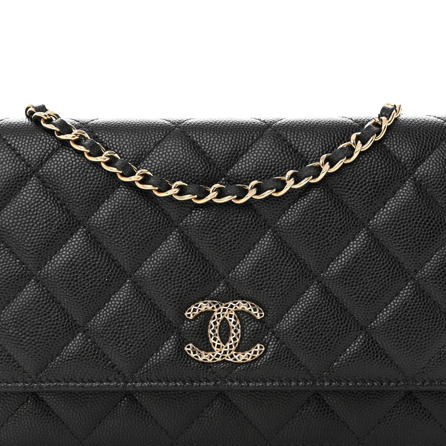 Caviar Quilted Perforated Metal CC Wallet On Chain WOC Black