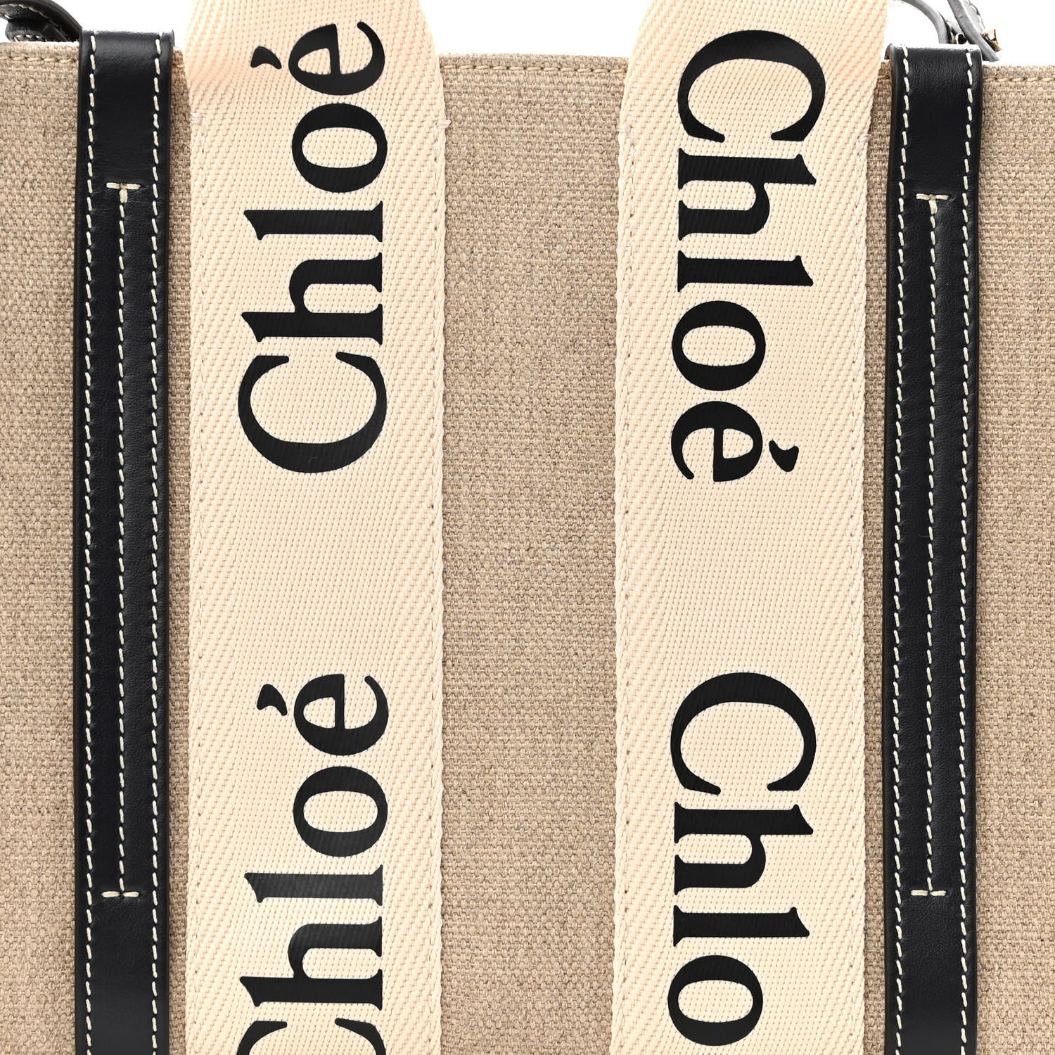 Chloe Linen Calfskin Small Woody Ribbon Tote With Strap White Navy 7 of 9