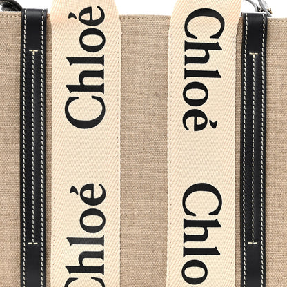Chloe Linen Calfskin Small Woody Ribbon Tote With Strap White Navy 7 of 9