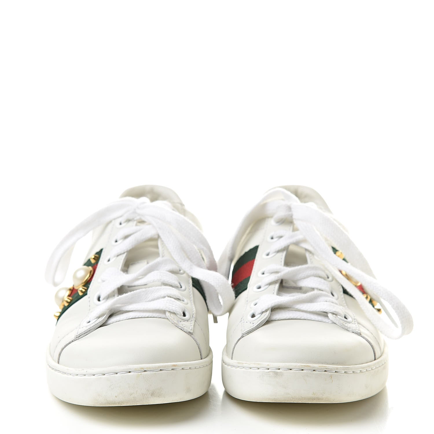 Gucci Calfskin Web Pearl Studded Womens Ace Sneakers 34 White 2 of 16