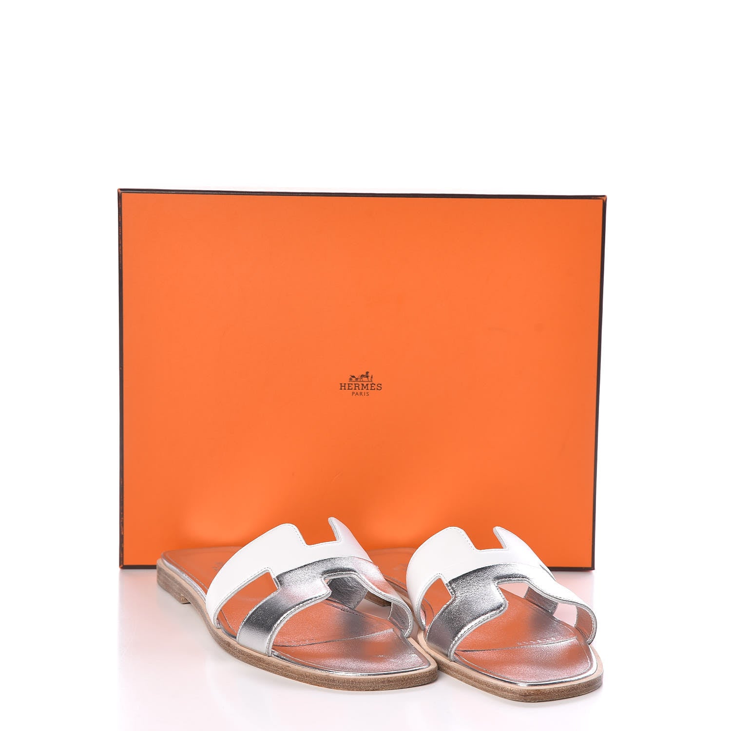 Hermes Metallic Nappa Box Oran Sandals 37.5 White Gris Argente 12 of 12