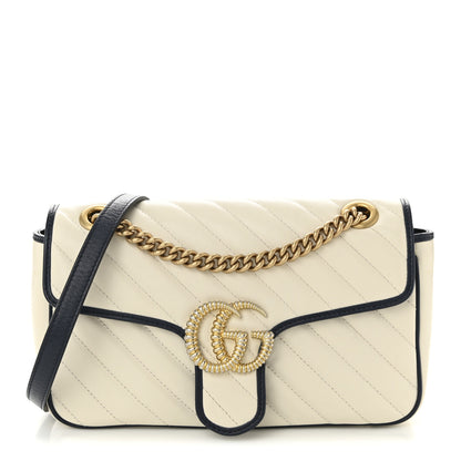 Gucci Vintage Effect Calfskin Matelasse Diagonal Small Torchon GG Marmont Shoulder Bag Mystic White Blue Agata 1 of 10