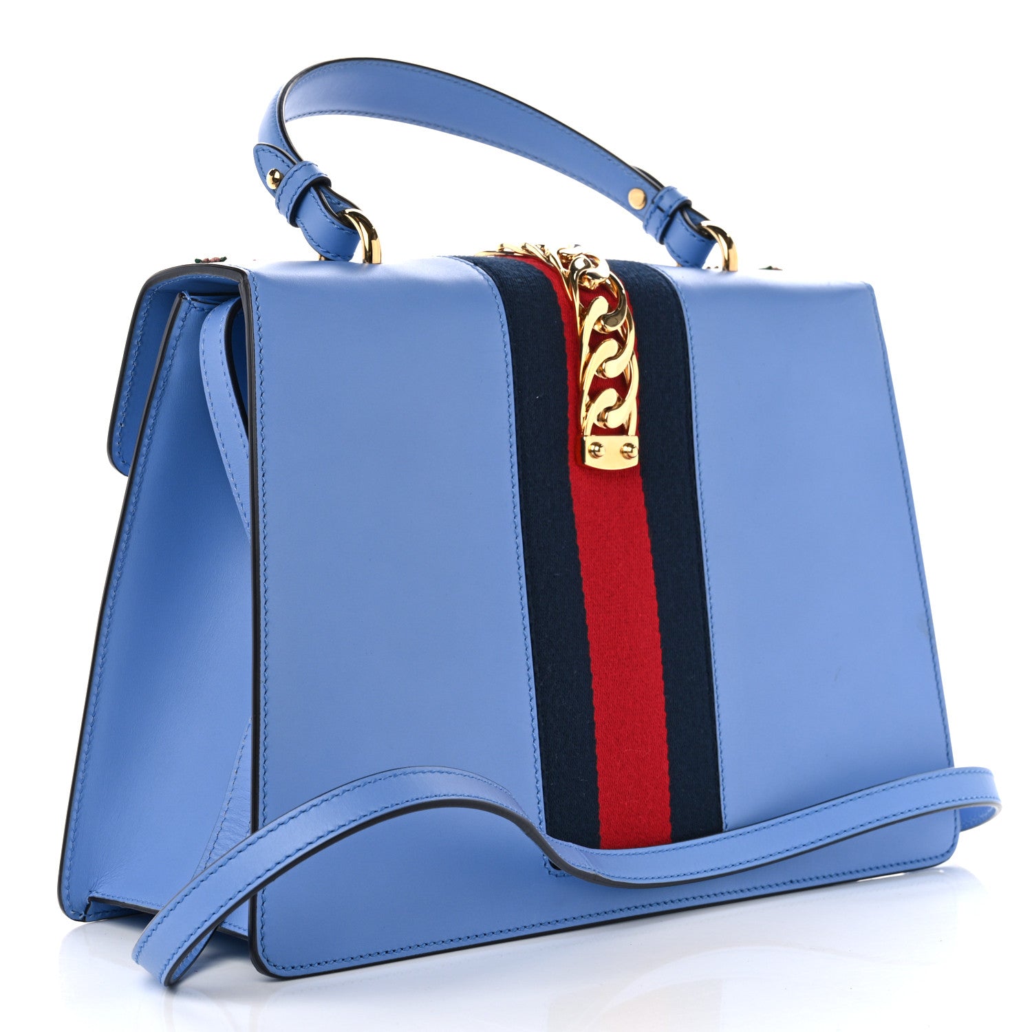 Gucci Calfskin Embroidered Medium Sylvie Top Handle Bag Clear Sky Blue 3 of 10