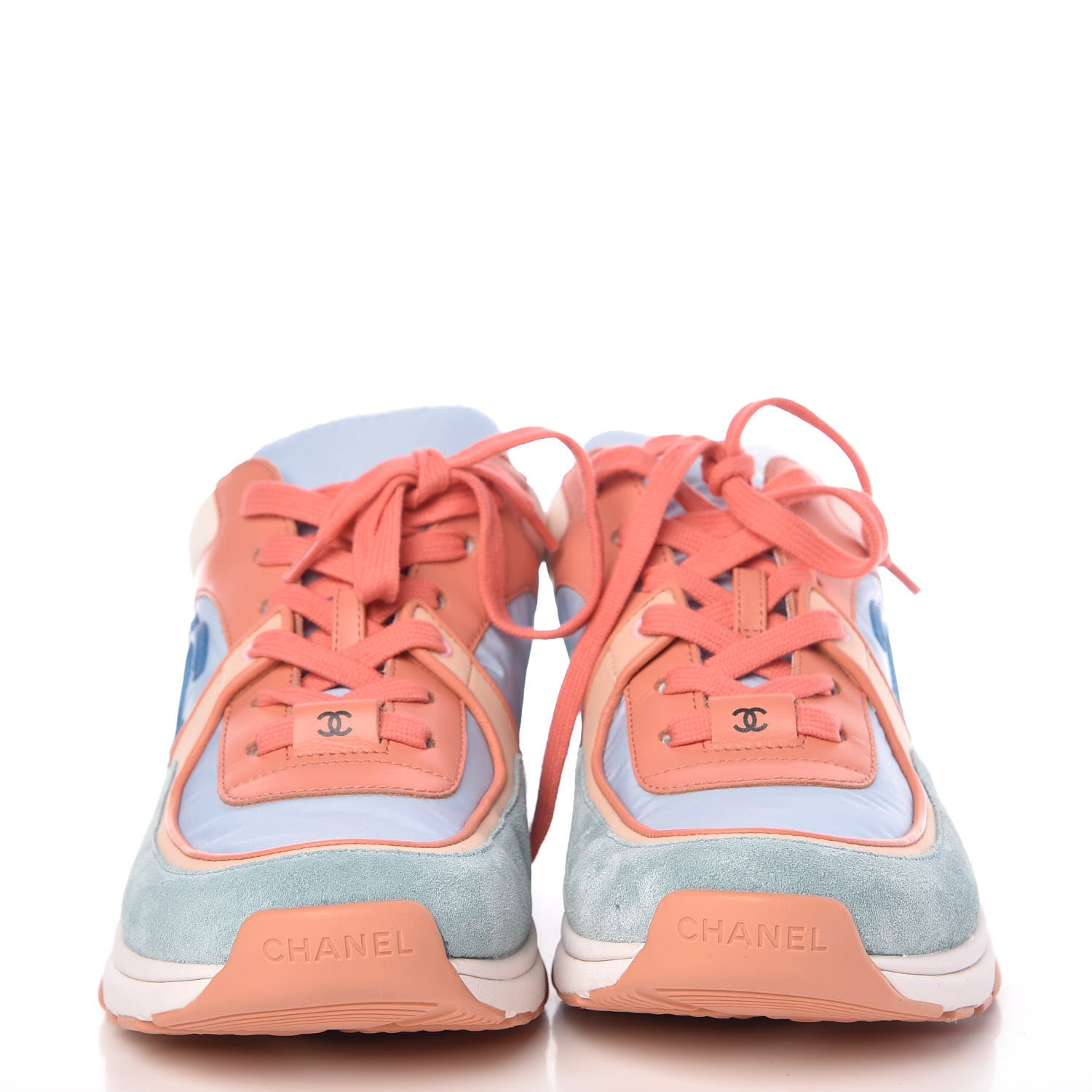 Chanel Nylon Lambskin Suede Calfskin CC Sneakers 40 Coral Light Blue White 2 of 11
