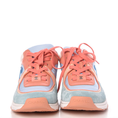 Chanel Nylon Lambskin Suede Calfskin CC Sneakers 40 Coral Light Blue White 2 of 11