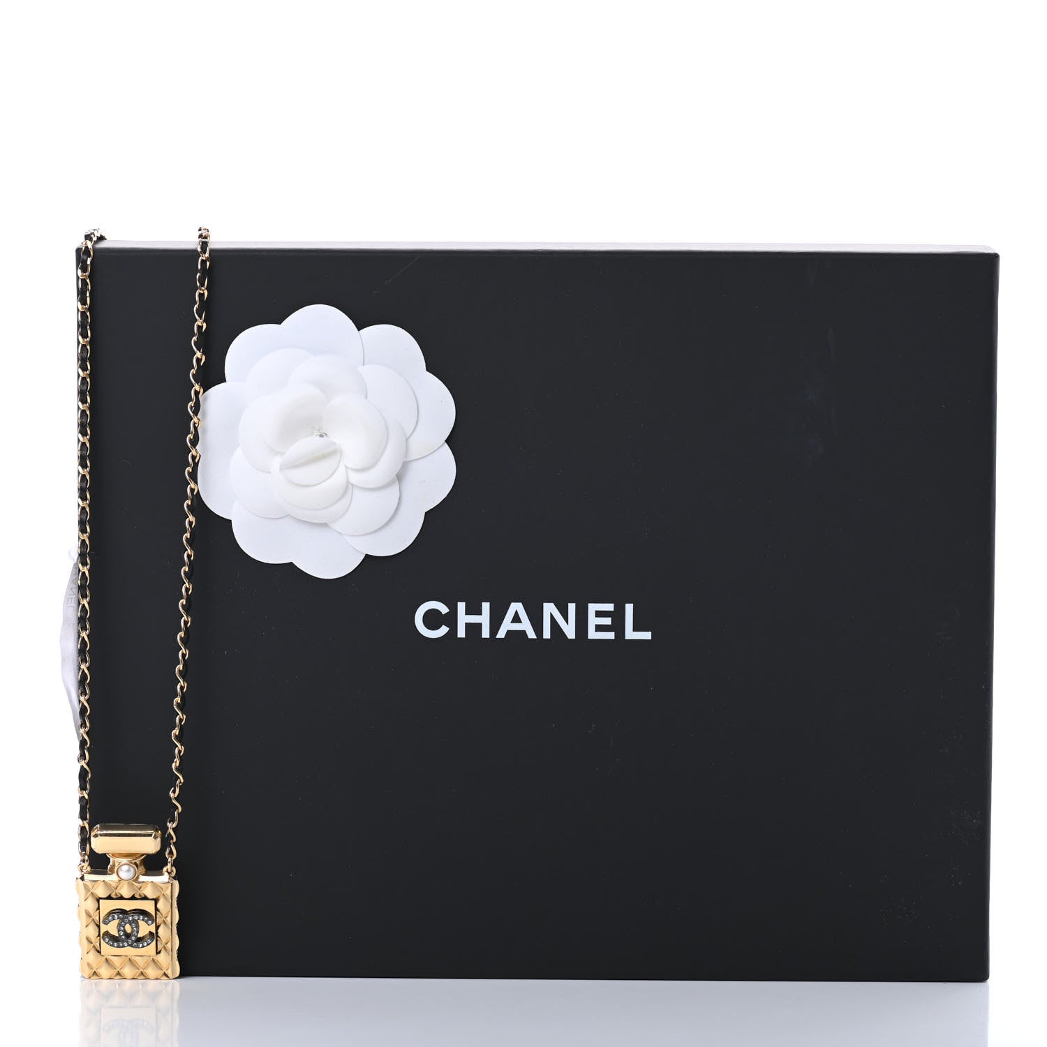 Chanel Crystal Pearl Perfume Bottle CC Necklace Black Gold 5 of 5