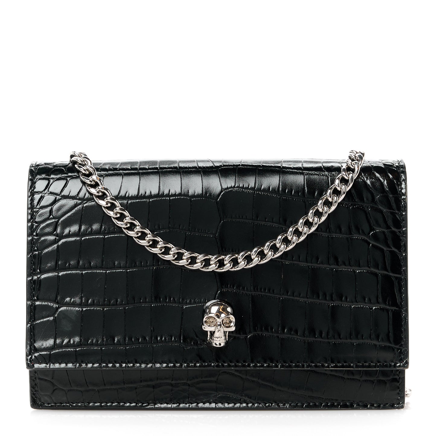 Calfskin Crocodile Embossed Skull Mini Crossbody Bag Black
