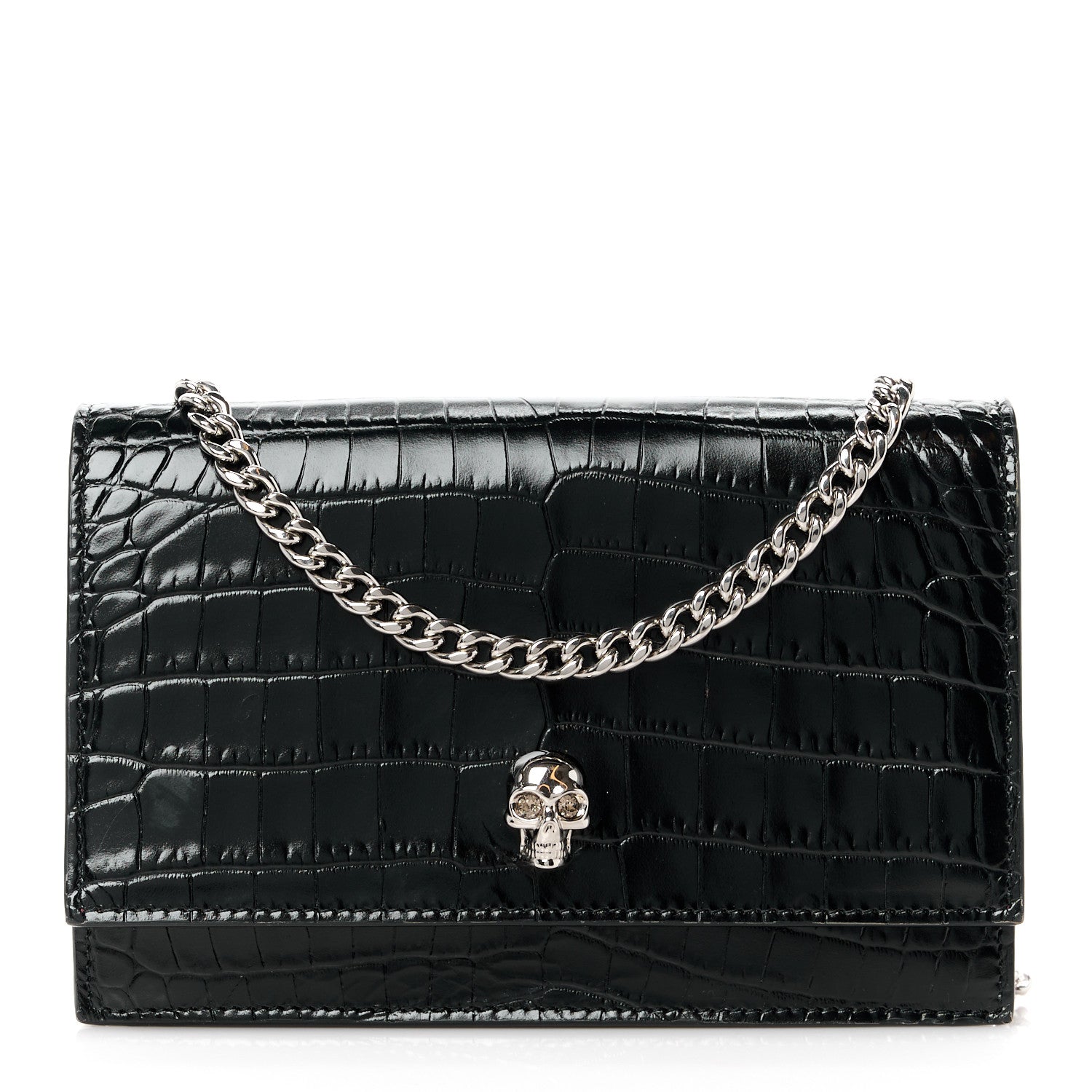 Alexander McQueen Calfskin Crocodile Embossed Skull Mini Crossbody Bag Black 1 of 11