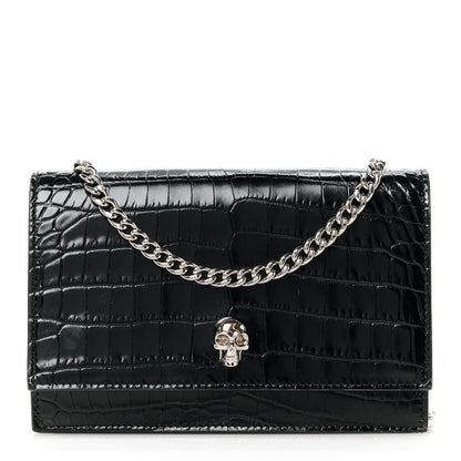 Alexander McQueen Calfskin Crocodile Embossed Skull Mini Crossbody Bag Black 1 of 11