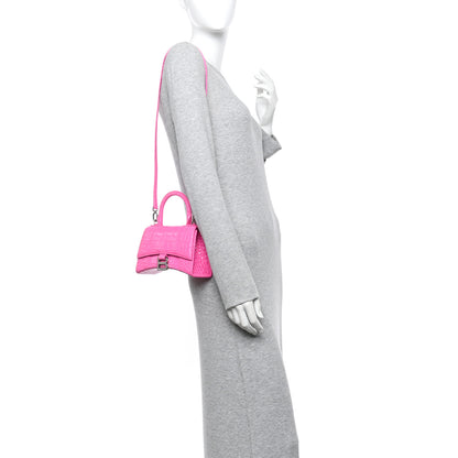 Balenciaga Shiny Calfskin Crocodile Embossed Hourglass Top Handle Bag XS Neon Pink 2 of 15