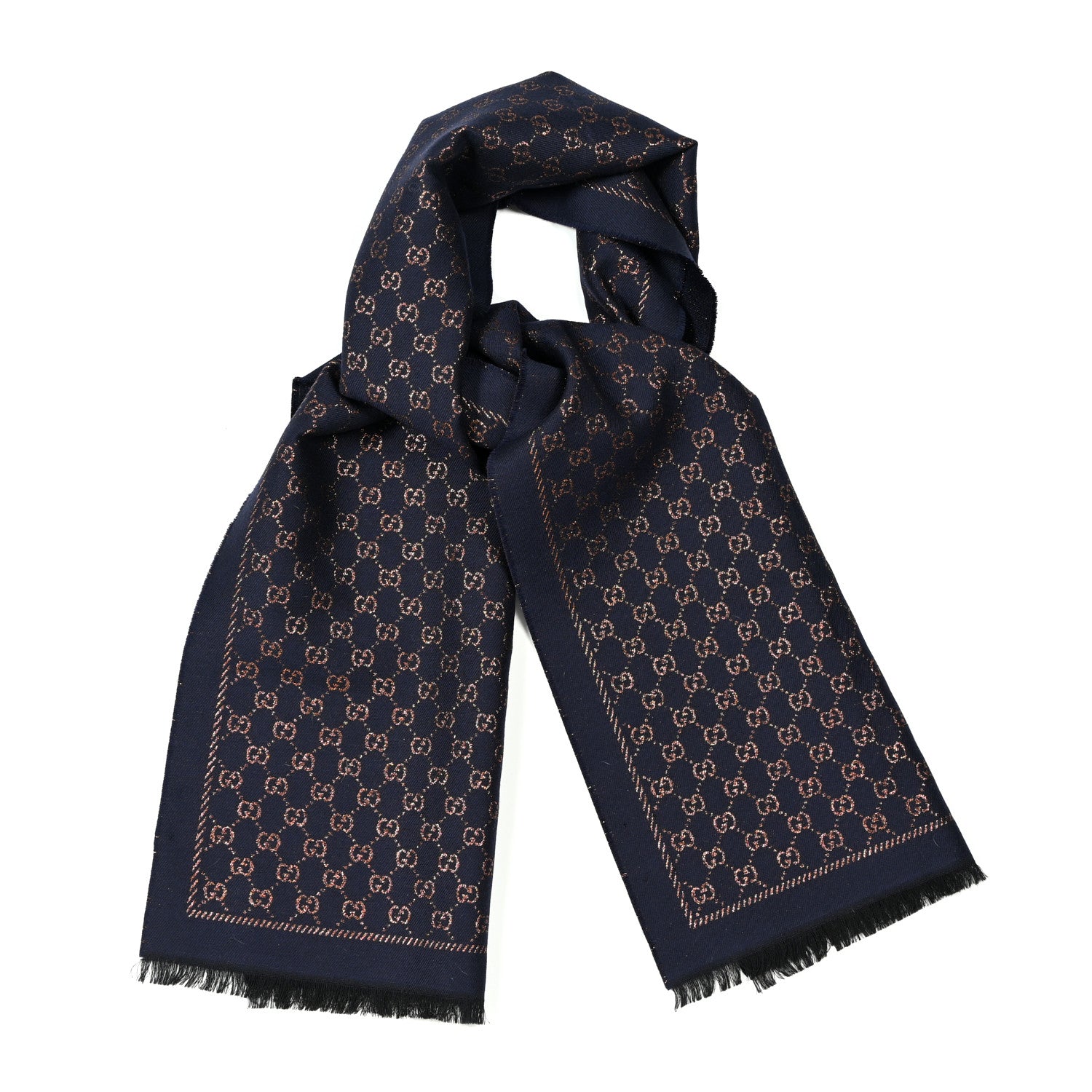 Gucci Wool Silk Jacquard GG Monogram Stenix Scarf Navy Yellow 1 of 4