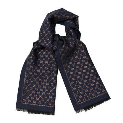 Gucci Wool Silk Jacquard GG Monogram Stenix Scarf Navy Yellow 1 of 4