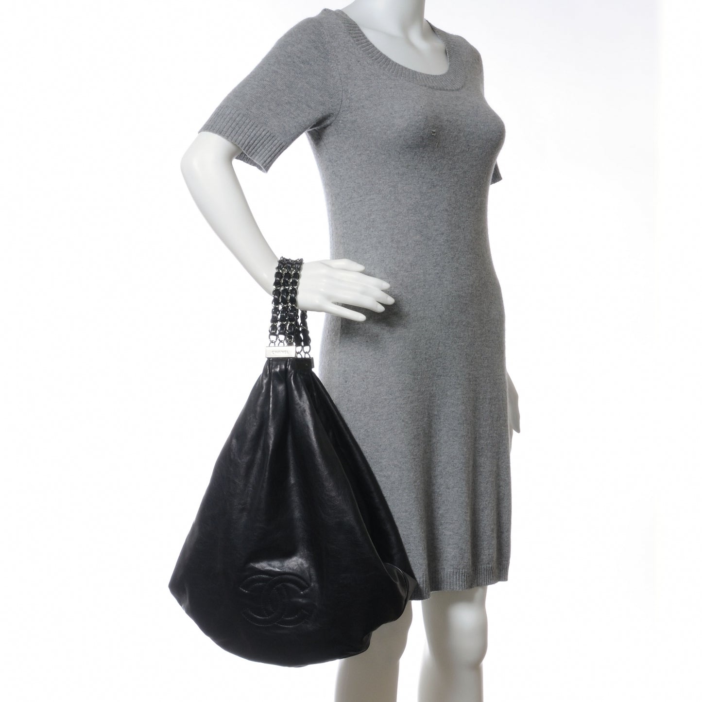 Lambskin Large Rock and Chain Hobo Black