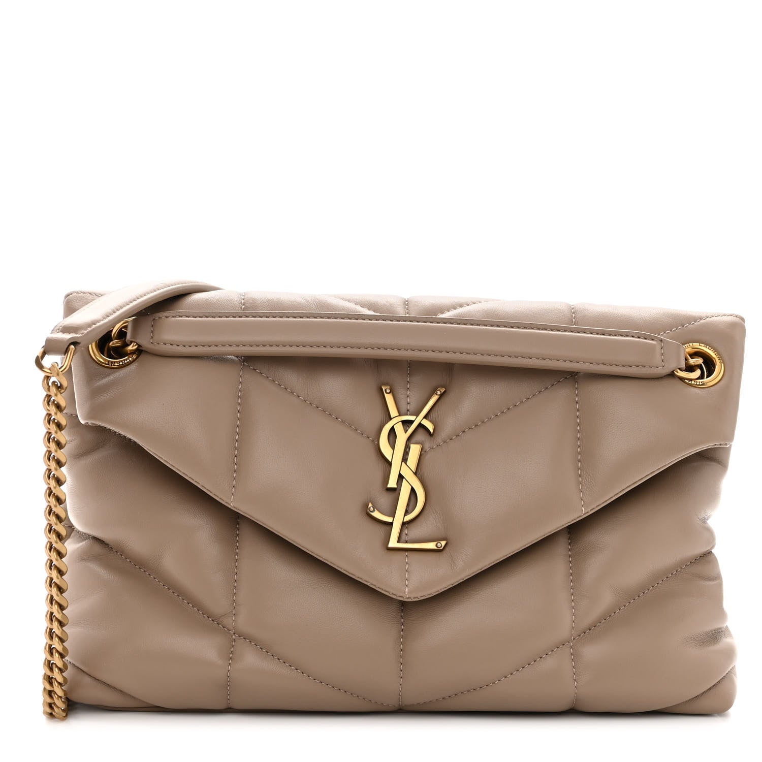 Saint Laurent Lambskin Quilted Small Loulou Puffer Monogram Chain Satchel Dark Beige 1 of 9