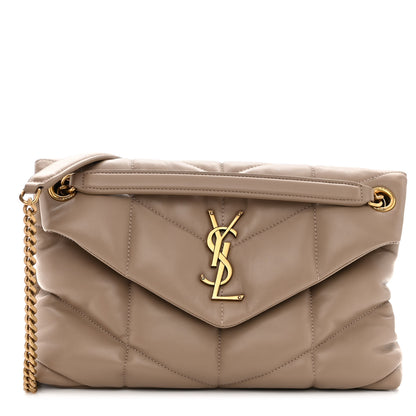 Saint Laurent Lambskin Quilted Small Loulou Puffer Monogram Chain Satchel Dark Beige 1 of 9