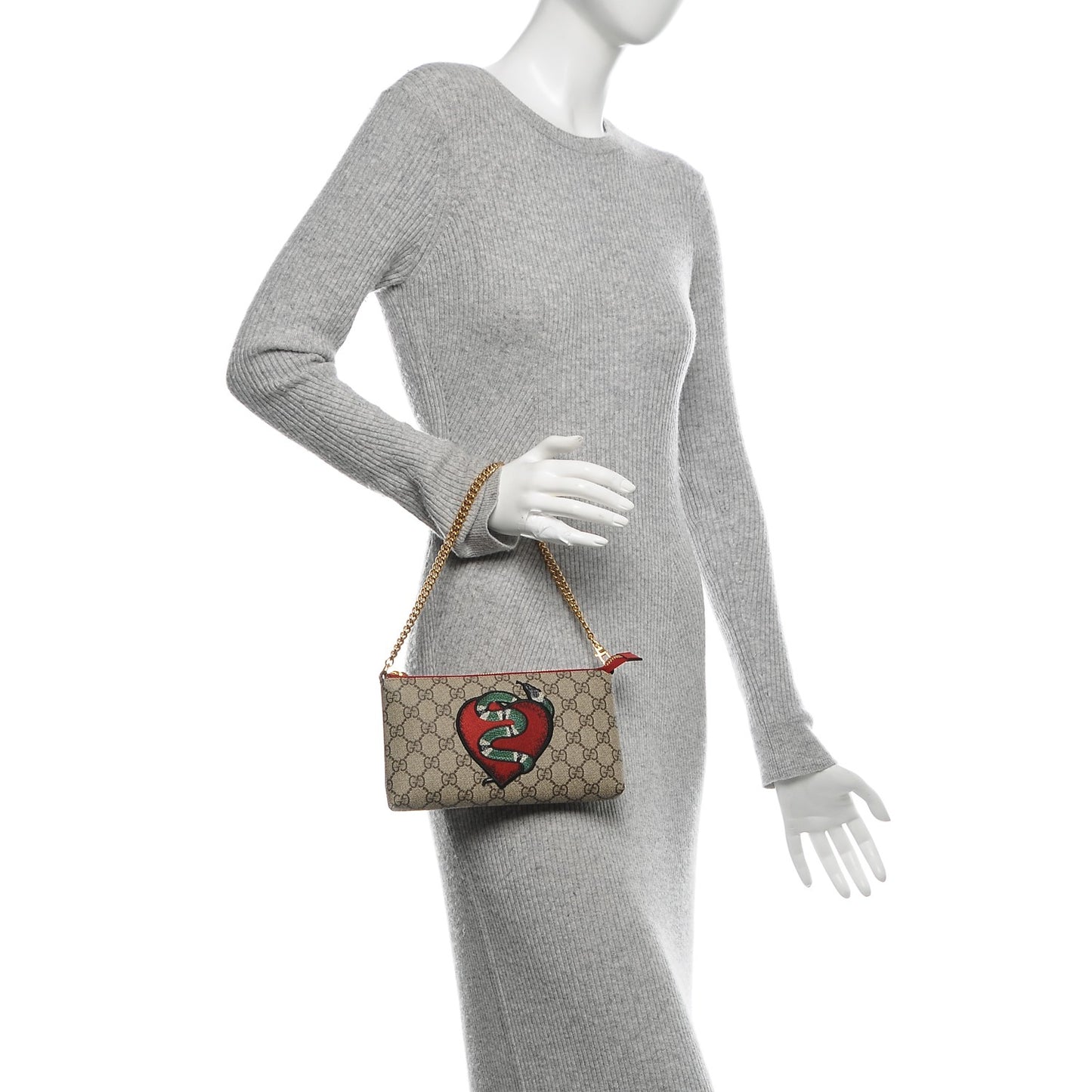 GG Supreme Monogram Kingsnake Heart Embroidered Chain Wrist Wallet Red