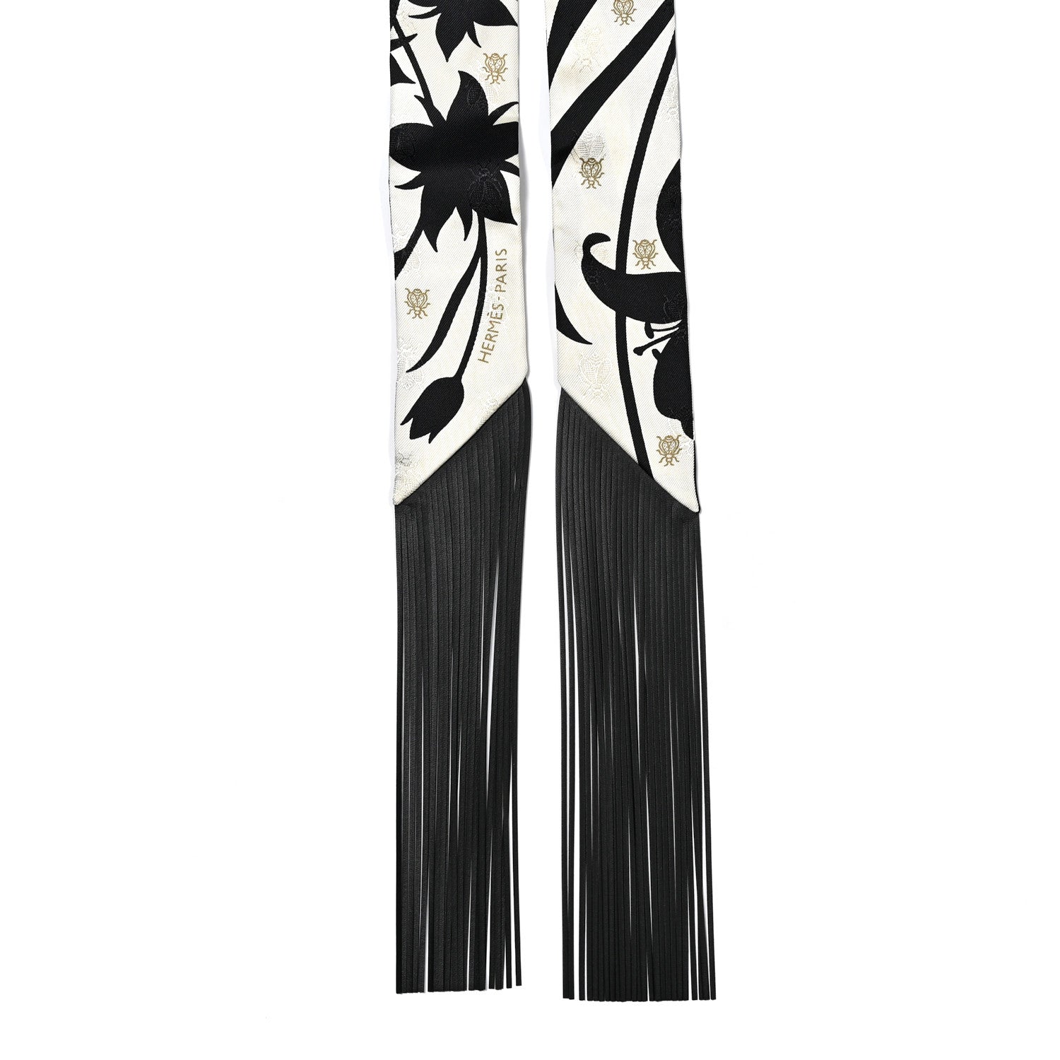 Hermes Silk Calfskin Bouquet Final Fringed Twilly Creme Black 2 of 4