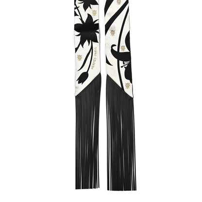 Hermes Silk Calfskin Bouquet Final Fringed Twilly Creme Black 2 of 4