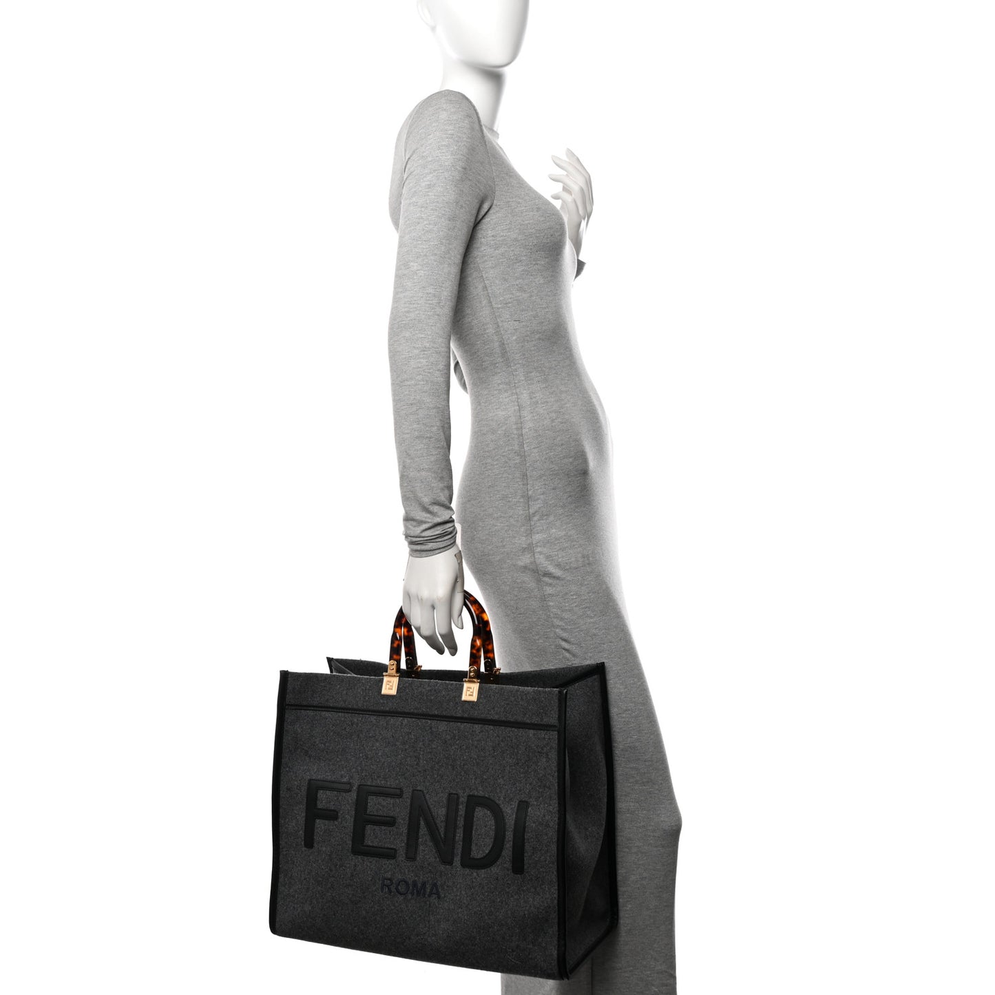 Melange Flannel Plexiglass Satin Logo Embroidered Threaded Edge Large Fendi Sunshine Shopper Tote Grigio Black