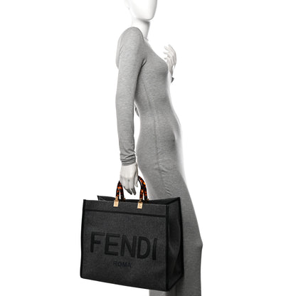Fendi Melange Flannel Plexiglass Satin Logo Embroidered Threaded Edge Large Fendi Sunshine Shopper Tote Grigio Black 2 of 10