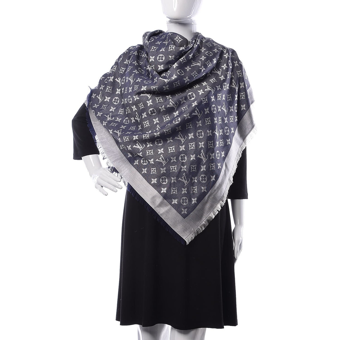 Silk Wool Monogram Denim Shawl Blue