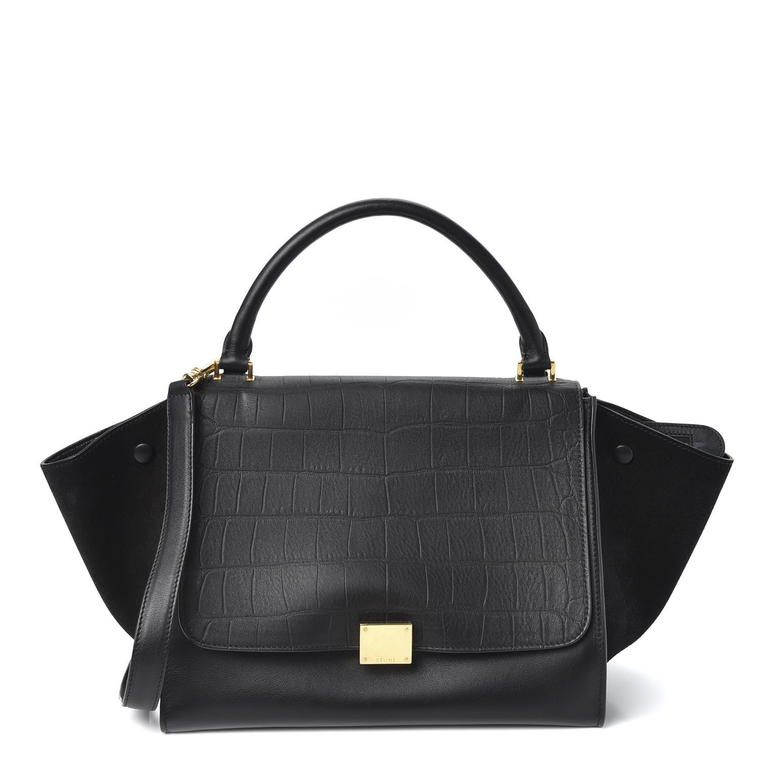 Celine Crocodile Embossed Calfskin Suede Medium Trapeze Black 1 of 8