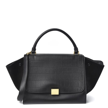 Celine Crocodile Embossed Calfskin Suede Medium Trapeze Black 1 of 8