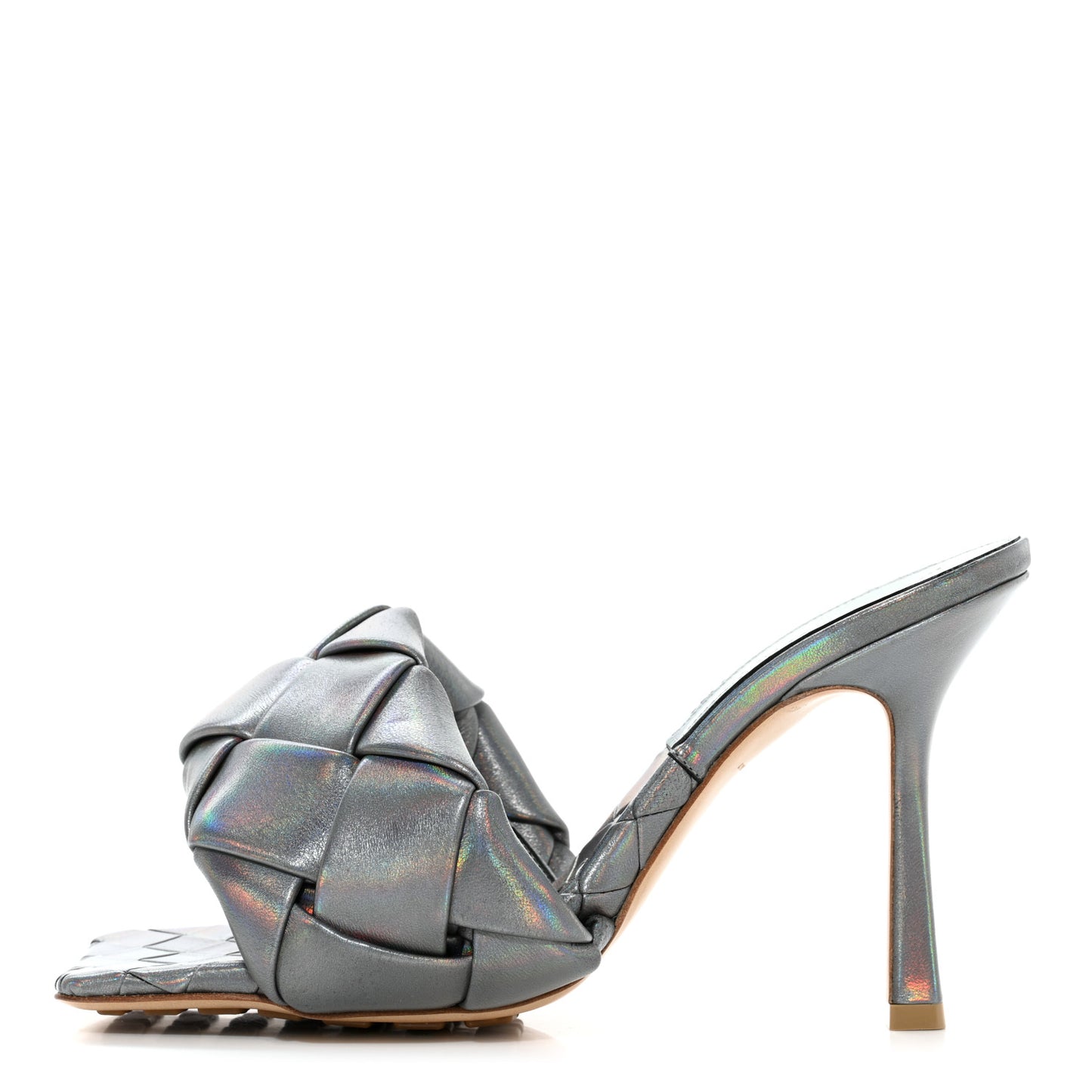 Laser Nappa Maxi Intrecciato Lido 90mm Mule Sandals 38 Oyster