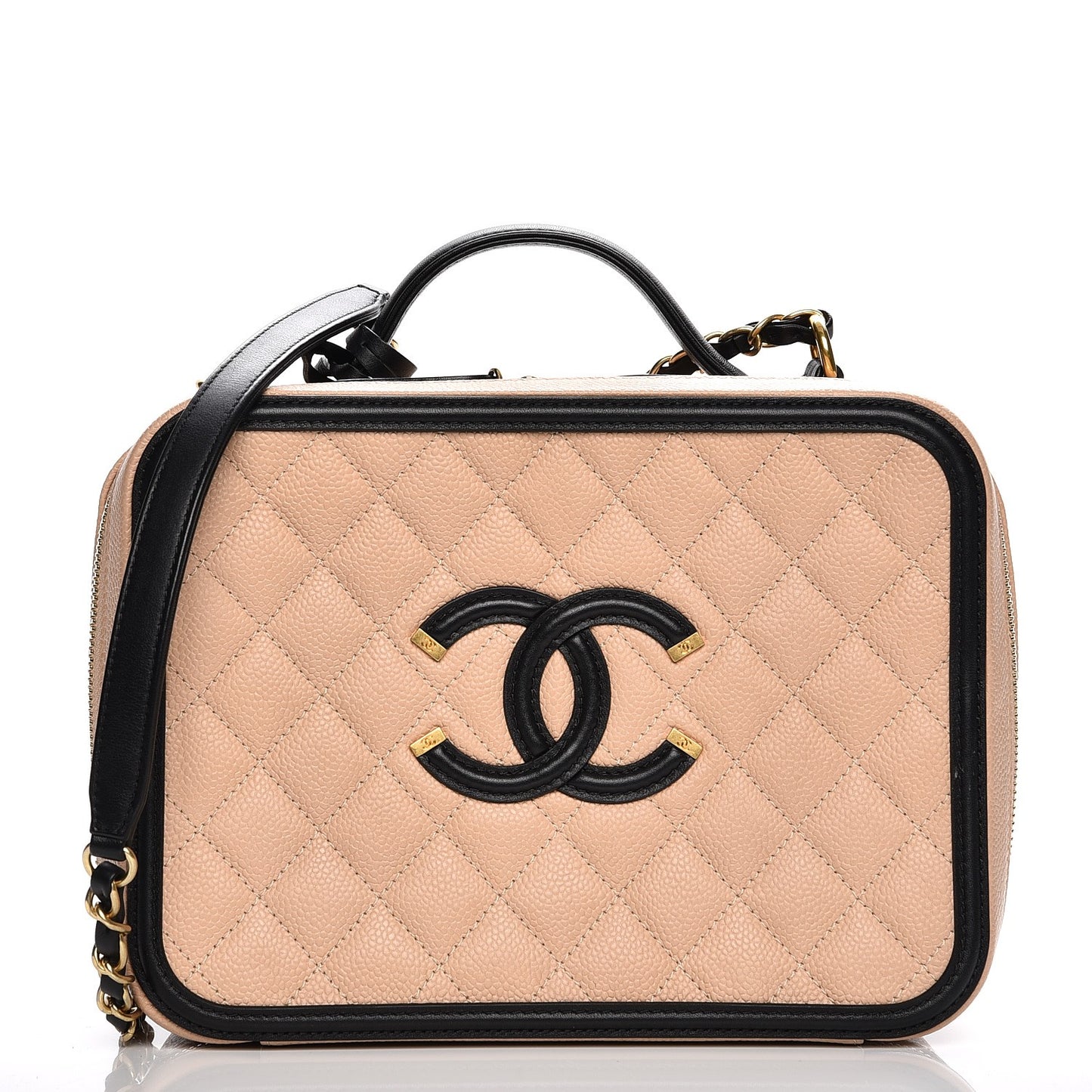 Caviar Quilted Large CC Filigree Vanity Case Beige Black