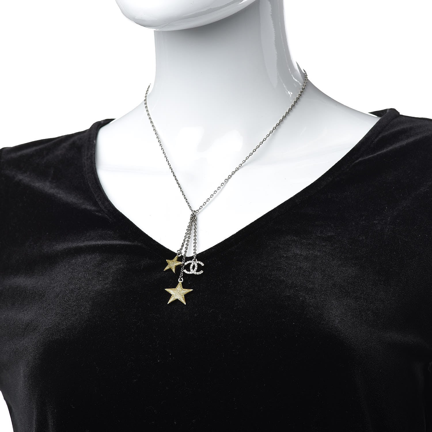 Chanel Crystal Glitter Star CC Pendant Necklace Silver Gold 2 of 6