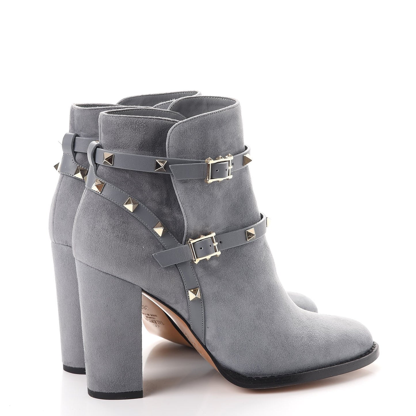 Suede Rockstud Double Buckle 100mm Block Heel Ankle Boots 38.5 Light Stone