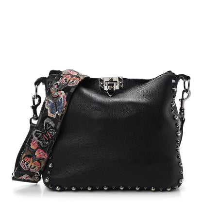 Valentino Garavani Pebbled Calfskin Butterfly Small Guitar Strap Rockstud Rolling Flip-Lock Messenger Bag Black 1 of 9