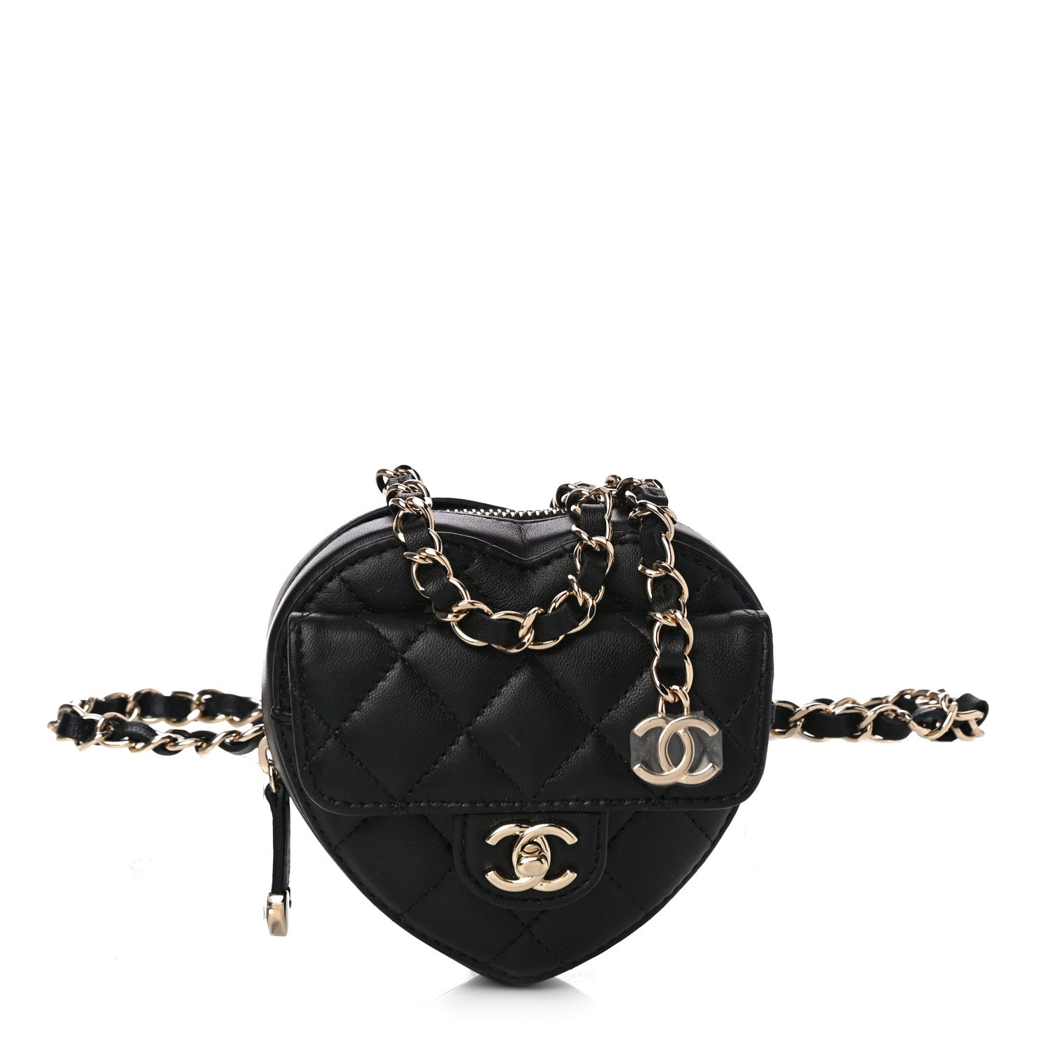 Chanel Lambskin Quilted CC In Love Heart Waist Belt Bag With Chain Black 1 of 9