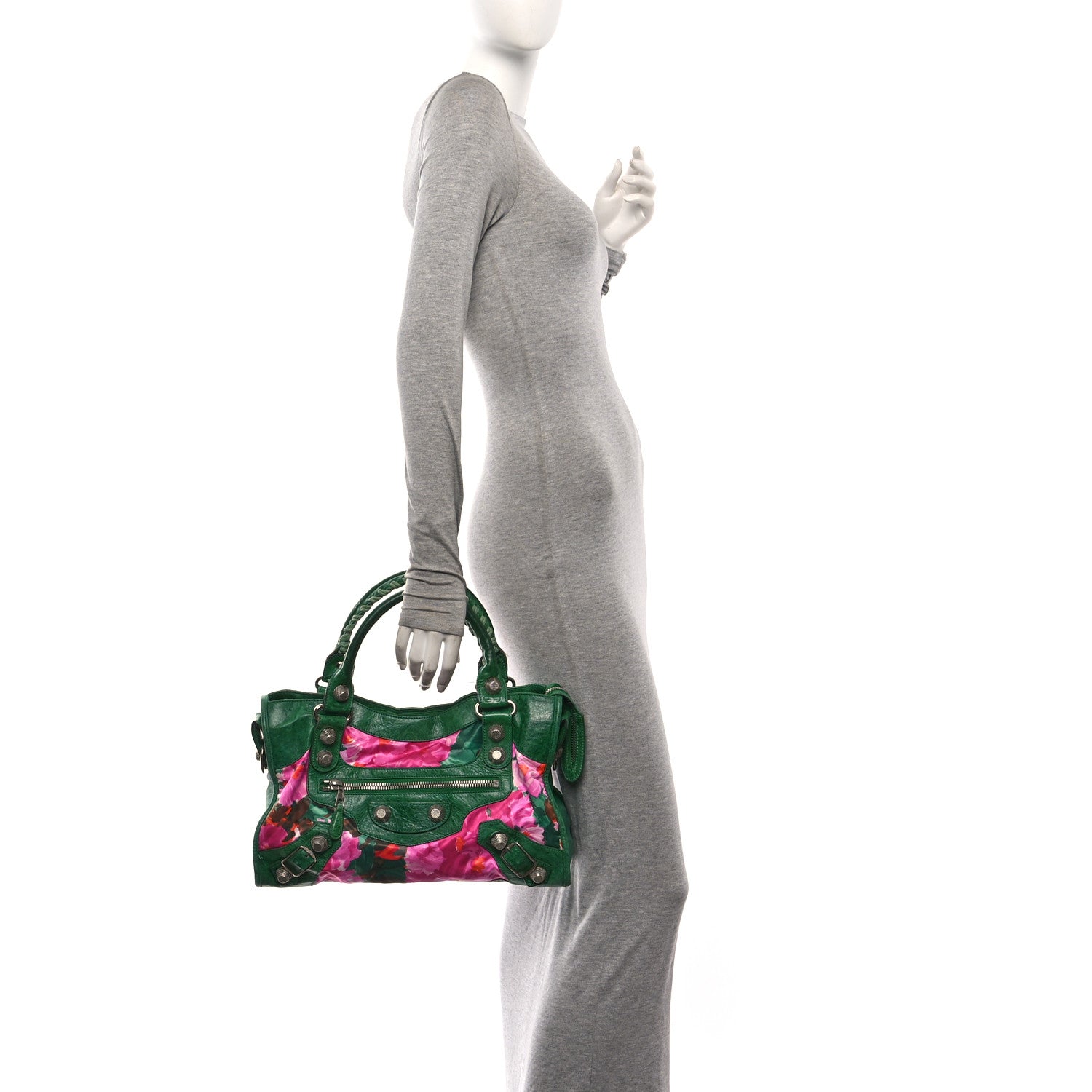 Balenciaga Chevre Satin Giant 21 Silver Hardware City Green Floral 2 of 10