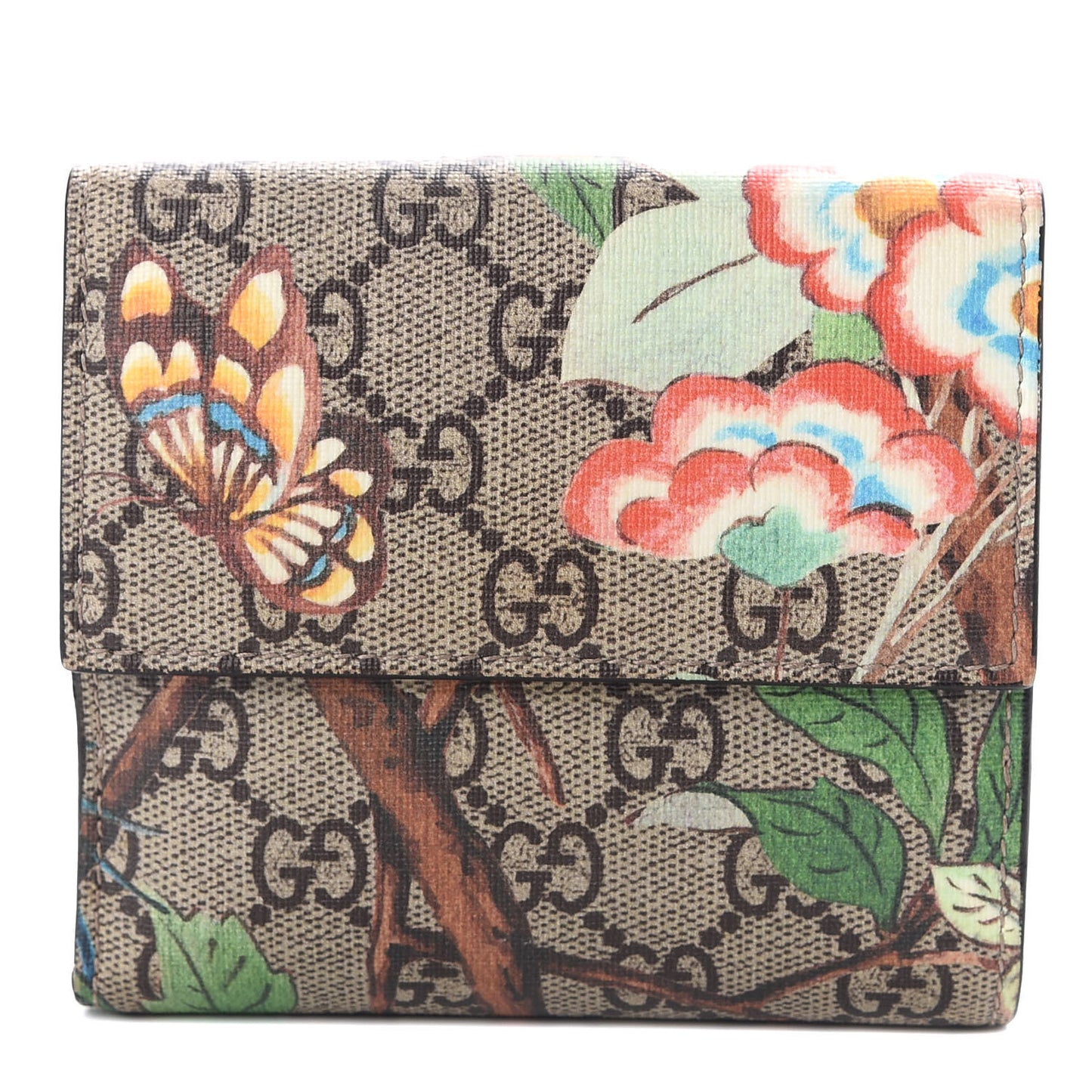 GG Supreme Monogram Tian French Flap Wallet Beige Multicolor Red
