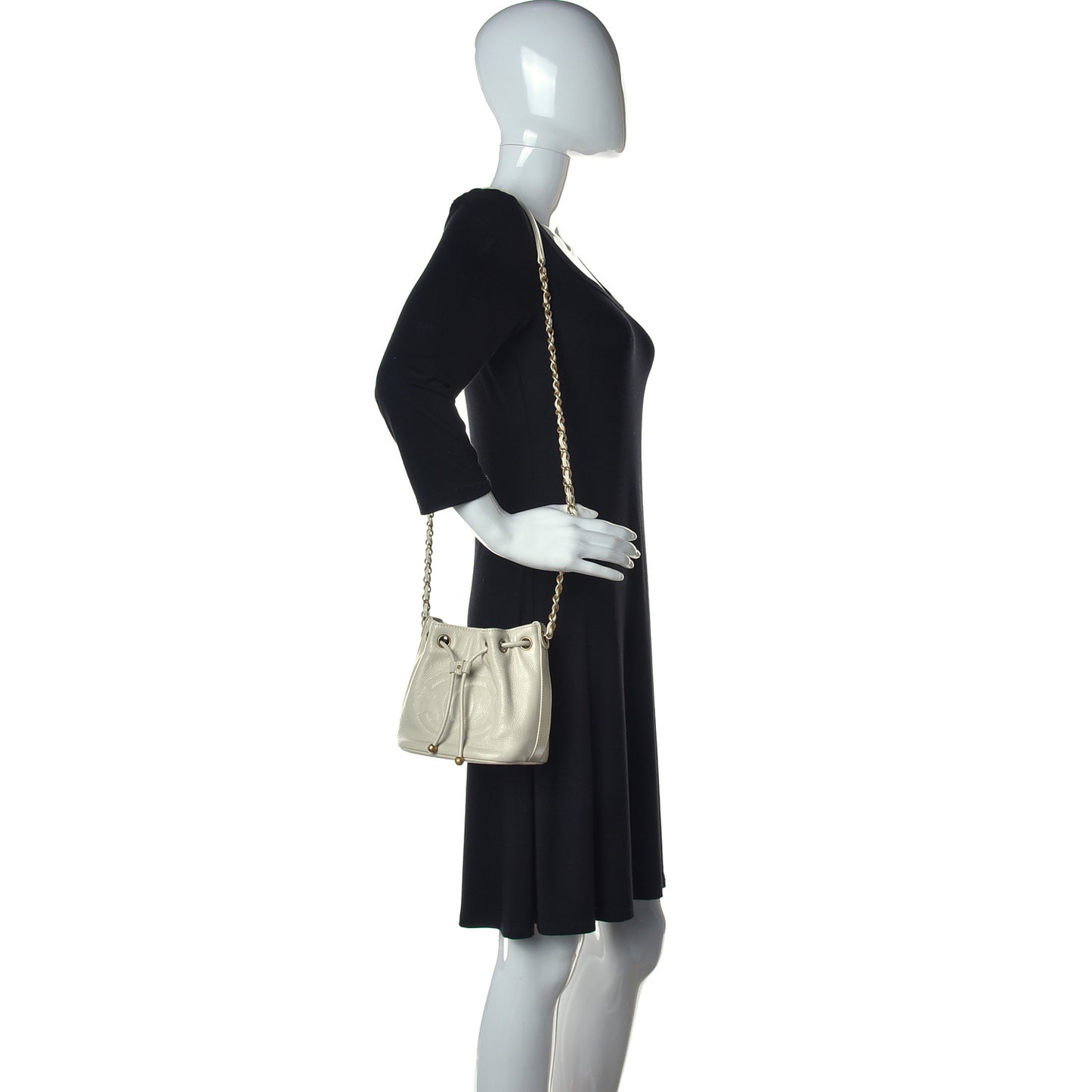 Shiny Aged Calfskin CC Chain Mini Drawstring Bag White