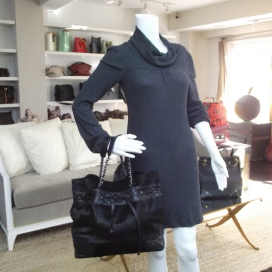 Pony Hair Quilted Drawstring Tote Black