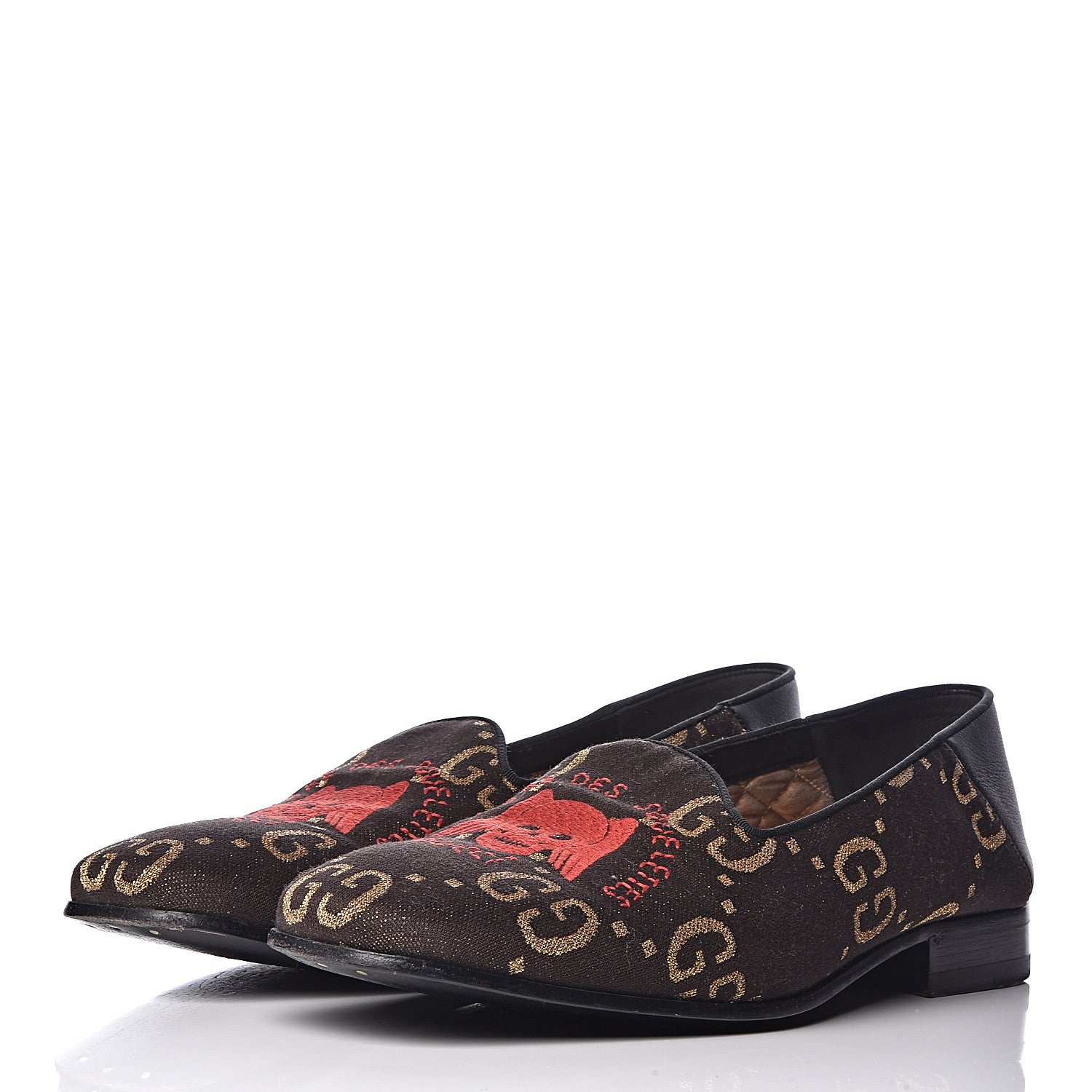 Gucci Calfskin Canvas Mens Chambre des Squelettes Loafers 8 Brown Black 3 of 15