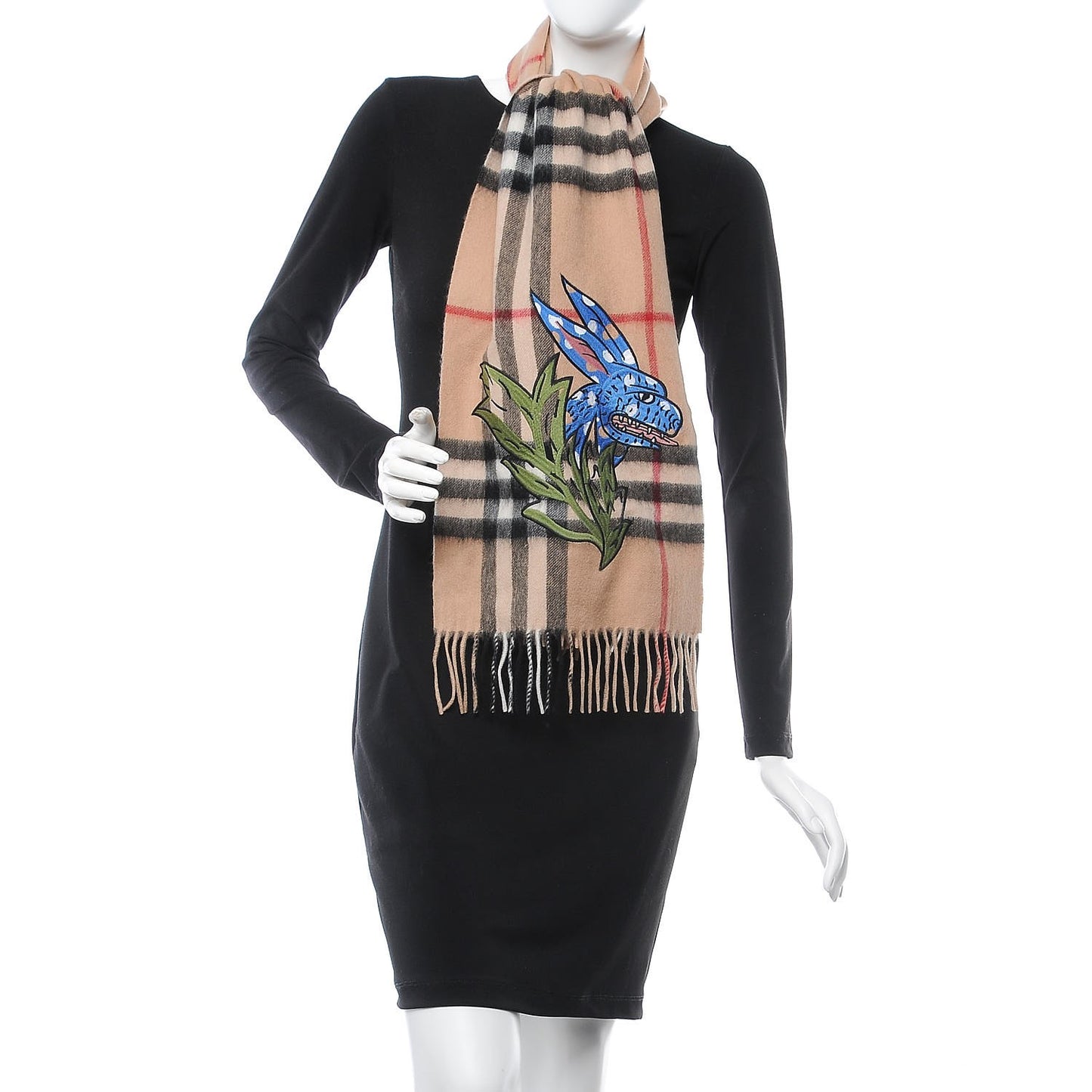 Cashmere Embroidered Oscar Giant Check Fringe Scarf Camel