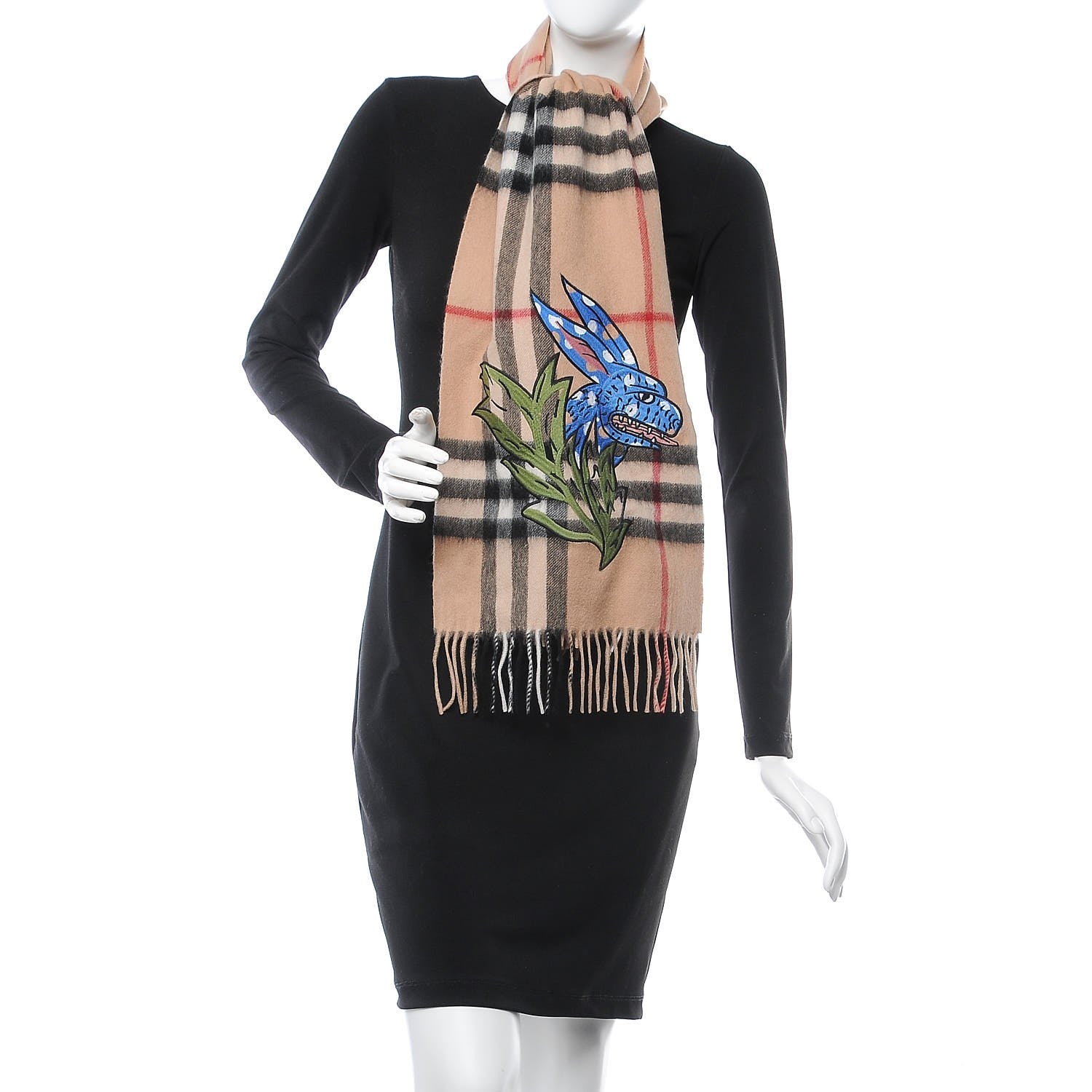 Burberry Cashmere Embroidered Oscar Giant Check Fringe Scarf Camel 2 of 7